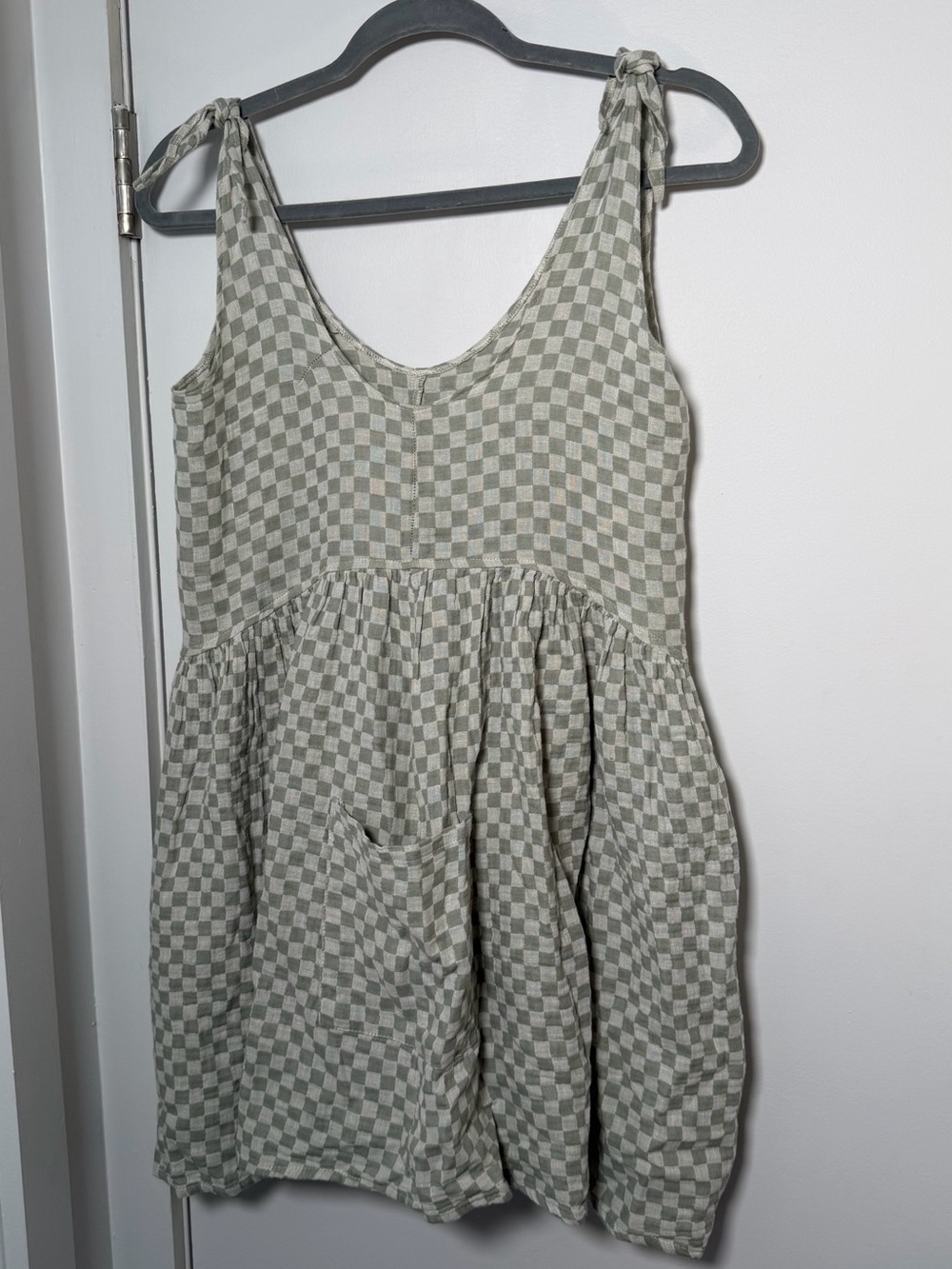 Rylee + Cru Sage and Cream Checkered Tie-Strap Dress
